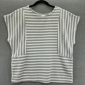 LARA Fashion Women’s White/Gray Knit Striped Relaxed Fit Raglan Shirt Top Size L
